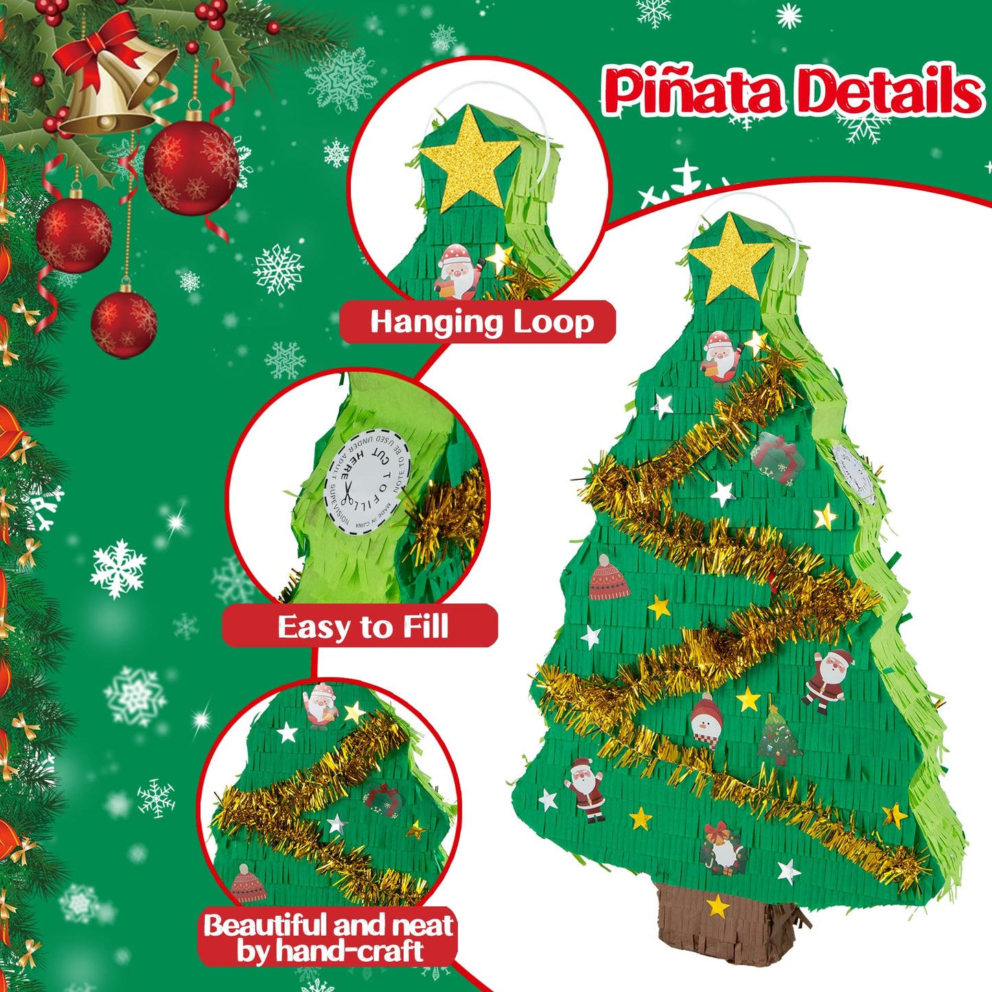 PCFING 21.6 Inch Christmas Tree Piata with 30 Inch Piata Stick Blindfold Confetti for Boy Girl Adults Xmas Party Game Decoration