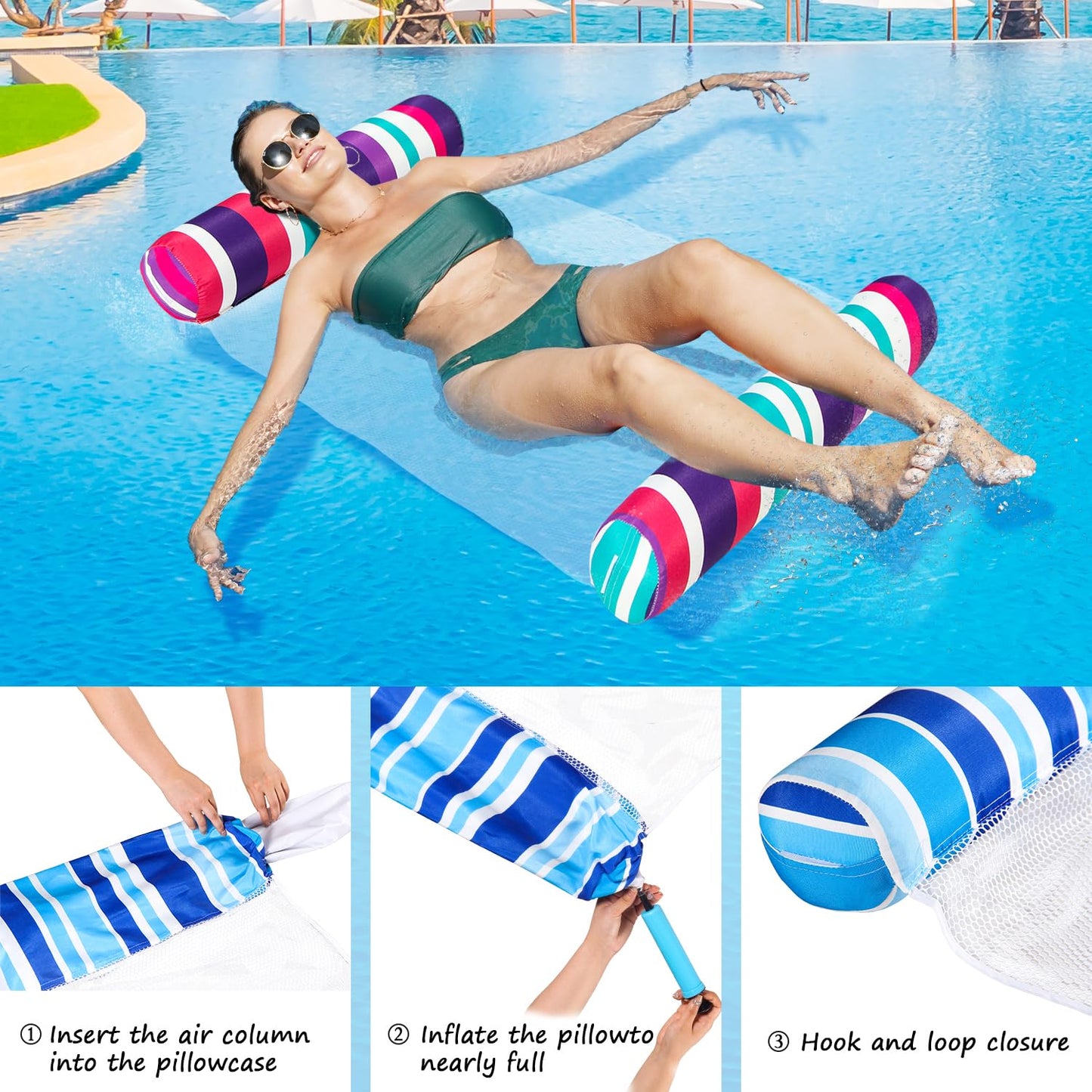 Finduwill 2 Pack Fabric Water Swimming Pool Floats Hammock, Xl, Inflatable Multi-Purpose Water Hammocks Floaties (Saddle, Lounge Chair, Hammock, Drifter), Pool Float Lounger For Adults Vacation