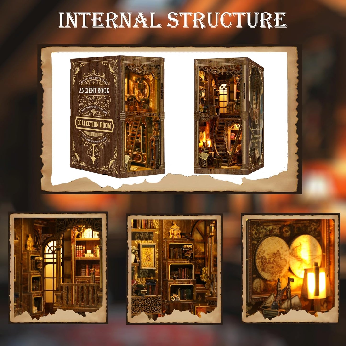 Book Nook Kits for mature-themed  DIY Miniature House Kit 3D Wooden Puzzles Miniature House Booknooks Dollhouse Bookend Bookshelf Insert Decor with LED Light Gift - Ancient Book Collection Room
