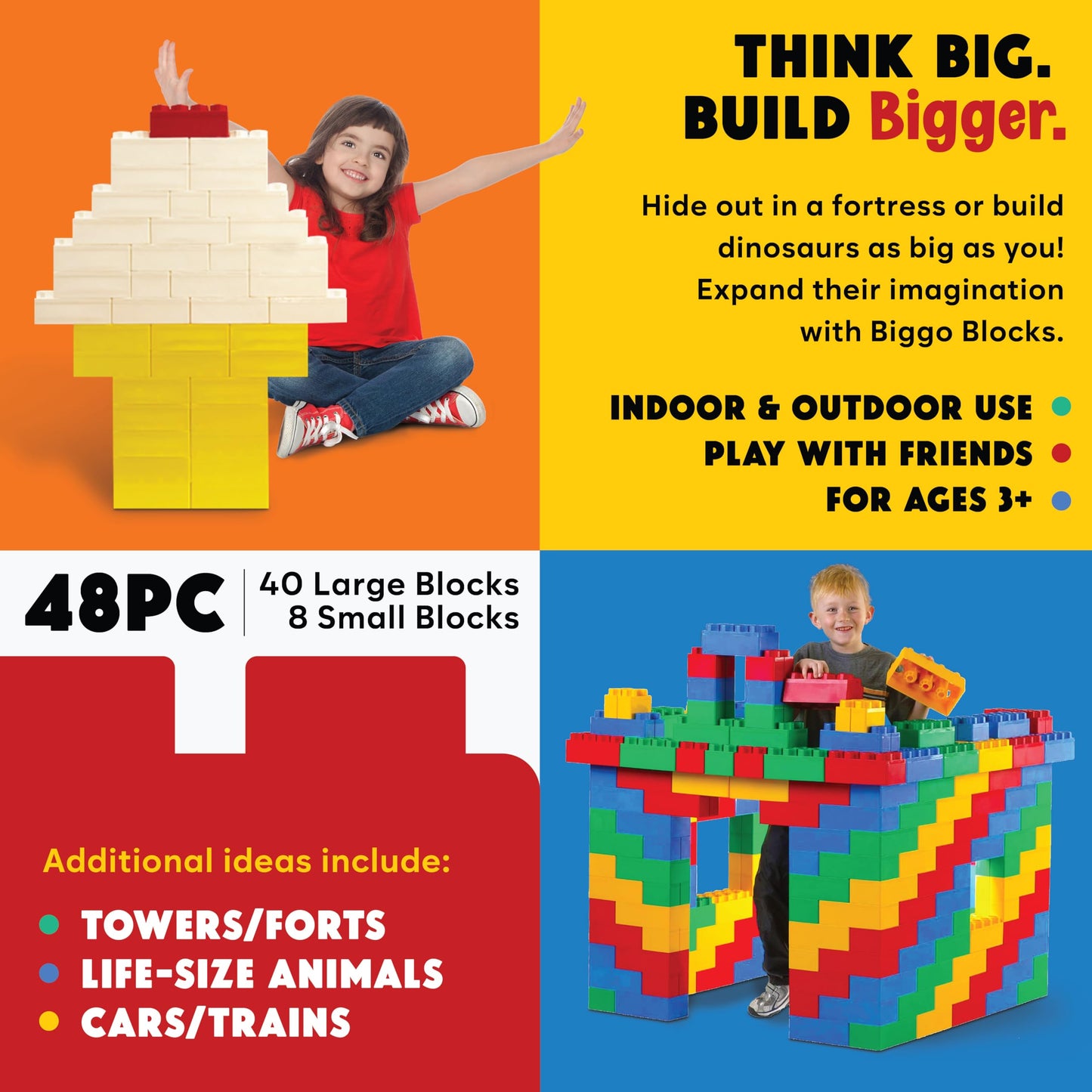 Big Blocks For Kids Ages 4-8 - Indoor & Outdoor Blocks Kids Games - Yellow Large Building Blocks - 48Pc