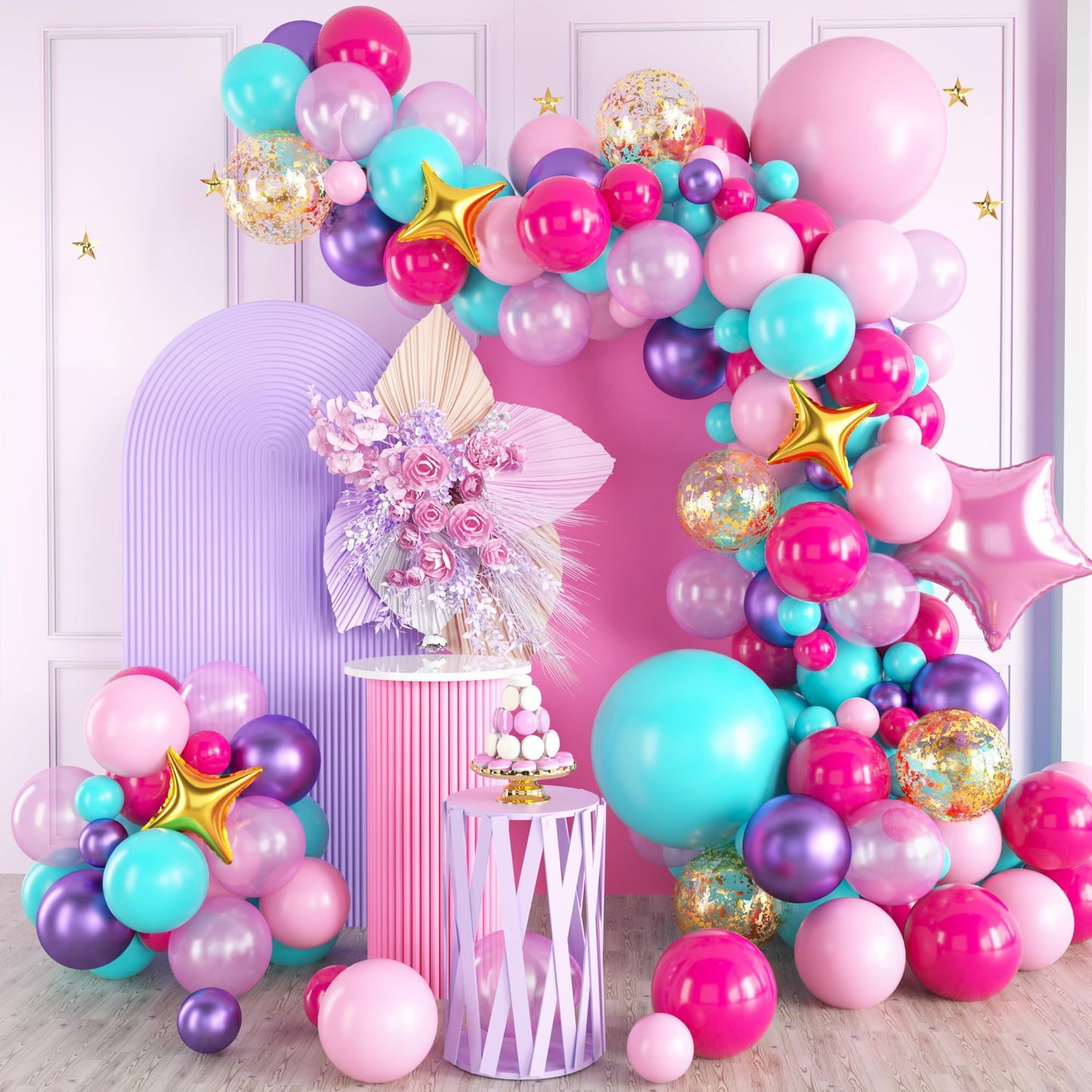 Pink Purple Balloon Arch Kit, Blue Pink Purple Balloon Arch Kit, Hot Pink Teal Balloons Arch, Hot Pink Balloon Garland With Conf