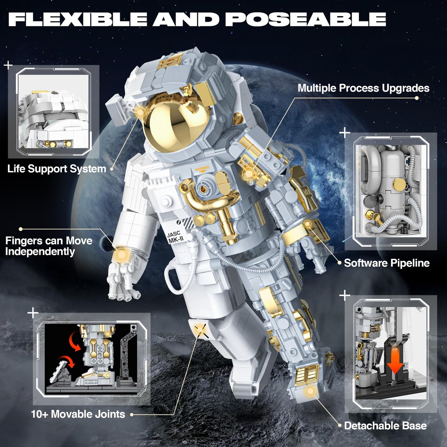 FarBlocked Astronaut Building Block Set - 966Pcs Flexible Space Explorer Toy for Ages 12+, Made of Acrylonitrile Butadiene Styrene