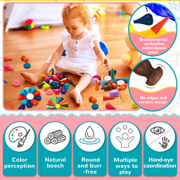 Loose Parts Play Materials Set Wooden Mandala Toys Kit Wood Sensory Play Toys 27 Rainbow Color 7 Shapes Loose Parts For Teens Students Early Learning Materials (81)