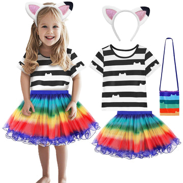 YODISON Cat Dollhouse Costume for Girls with striped shirt and rainbow tutu, Headband and Bag Halloween Birthday Party Outfits(1