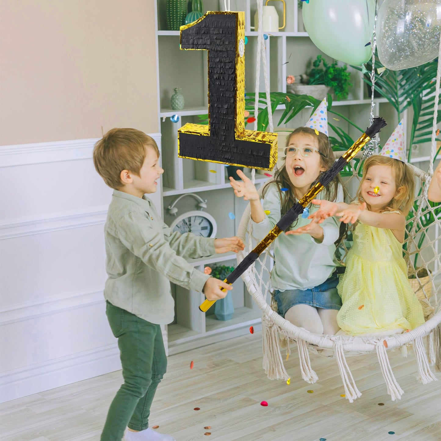PCFING 20 Inch Number 1 Piata Gold Black with 30 Inch Piata Stick Blindfold Confetti for Man Women Kids Birthday Party Decoratio