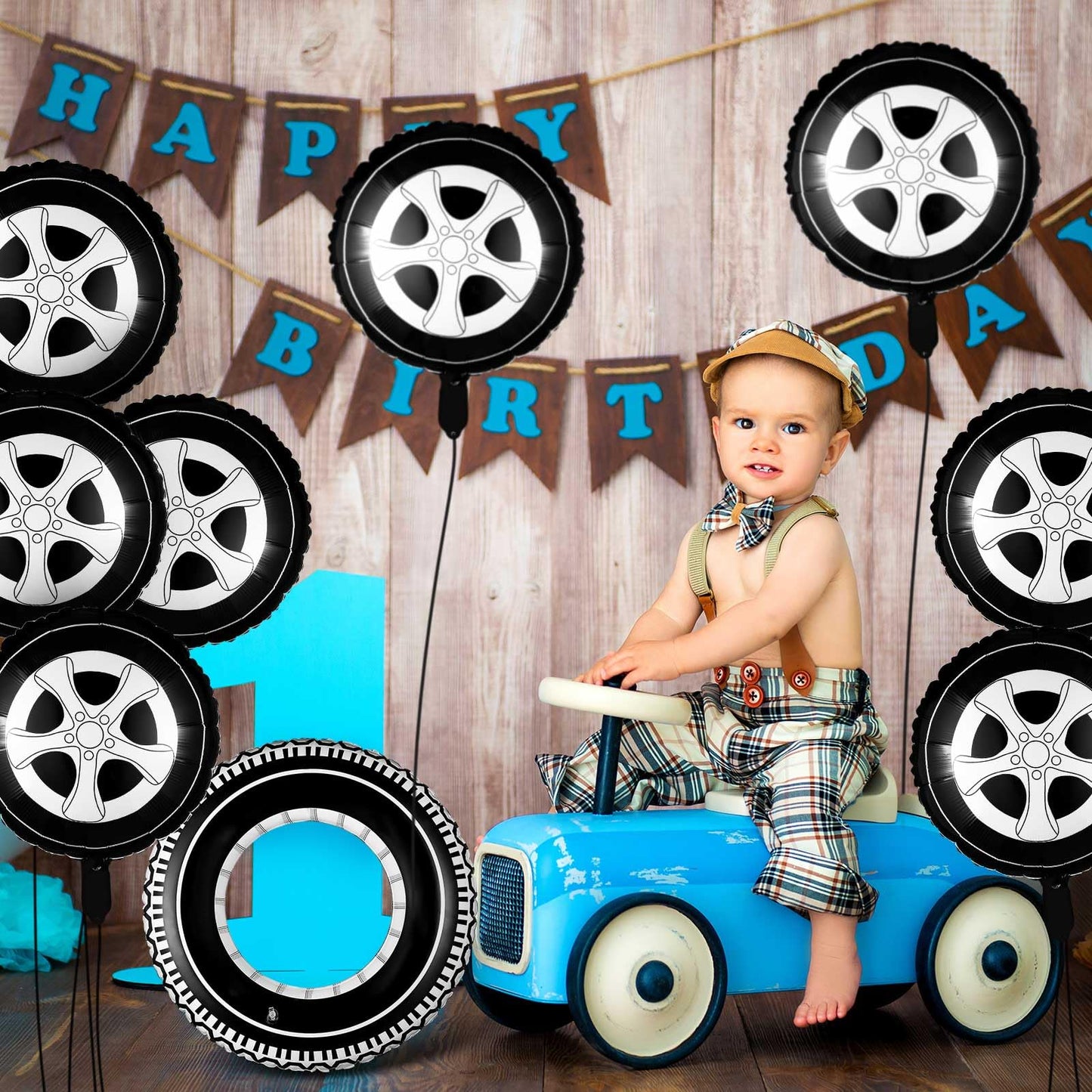 14 Pcs Car Decorations Racing Cars Birthday Party Supplies 4 Tire Tube Swim Ring Inflatable Tire Floats For Pool With 10 Balloons 18 Inch Race Balloons For Birthday Party (Wheel Style)