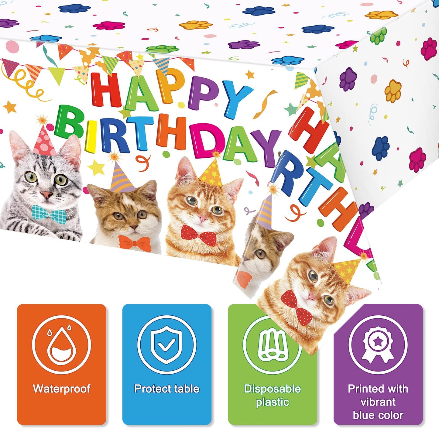3 Pack Cute Cat Theme Plastic Tablecloth 54 x 108 Inch Kitten Cat Paw Print Disposable Table Cover for Kids Baby Shower Birthday