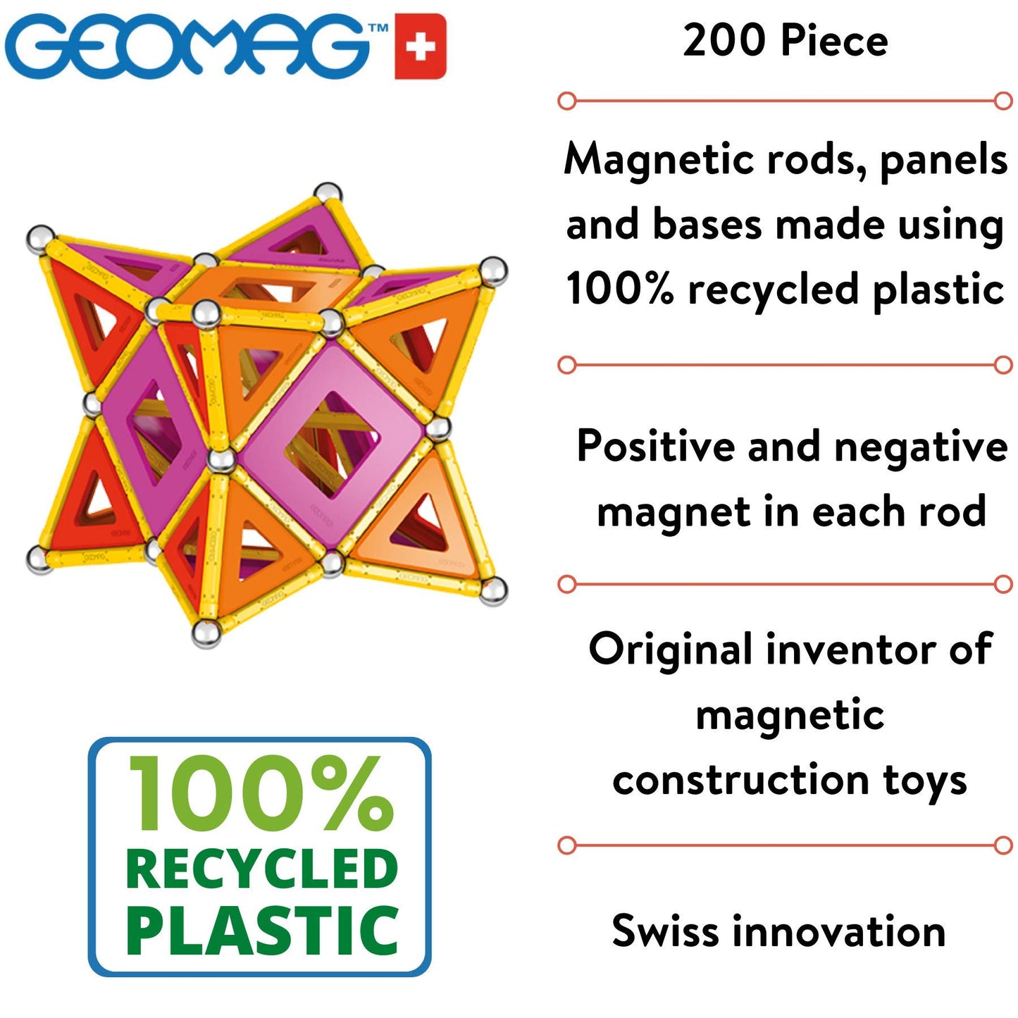 Geomag Magnetic Toys Classic Tiles 200-Piece Building Set For Kids Ages 5-99 | Swiss-Made Stem & Steam Authenticated Educational Toy Made From 100% Recycled Plastic | Creative School-Age Learning Play