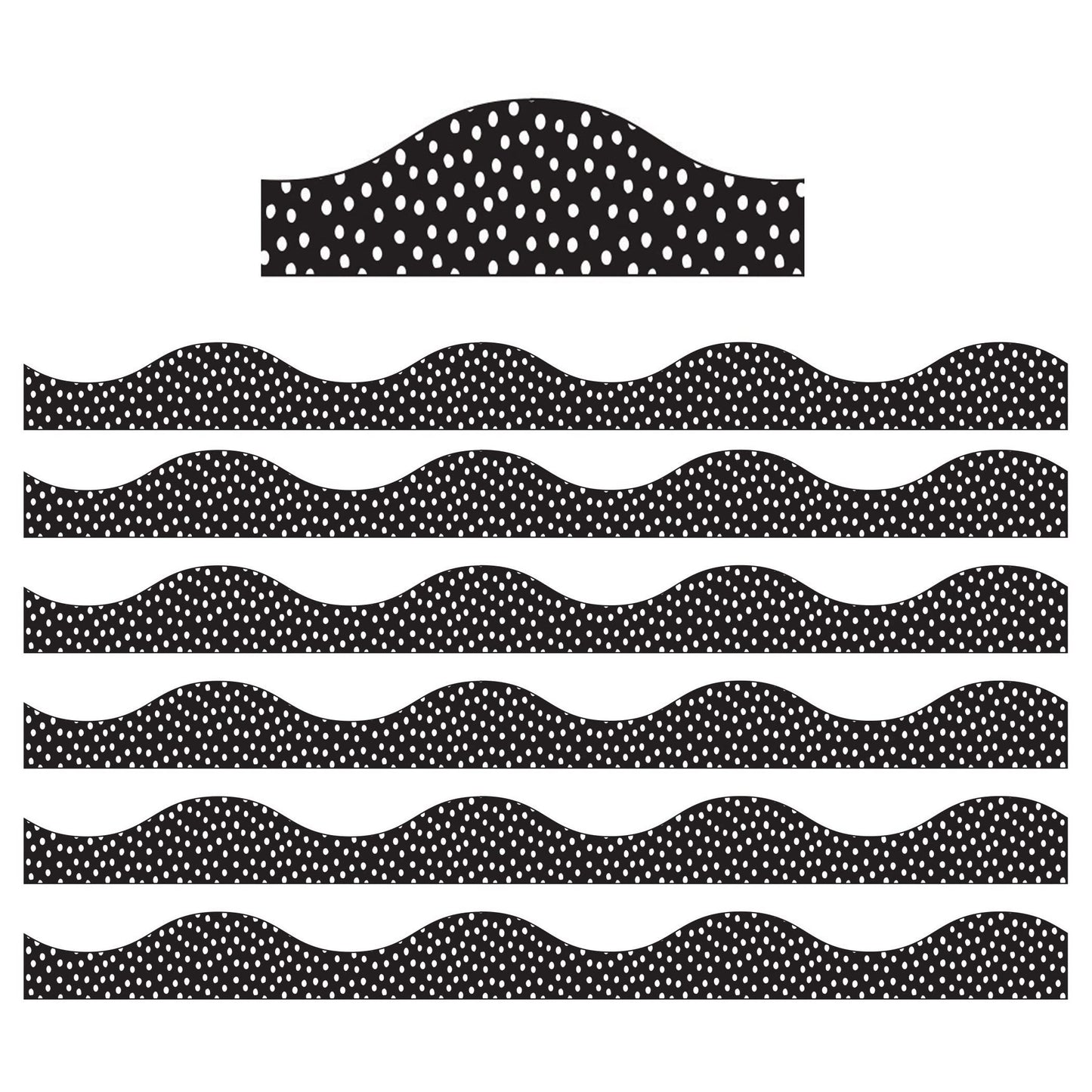 Ashley Productions Magnetic Scallop Border, White Messy Dots On Black, 12 Feet Per Pack, 6 Packs