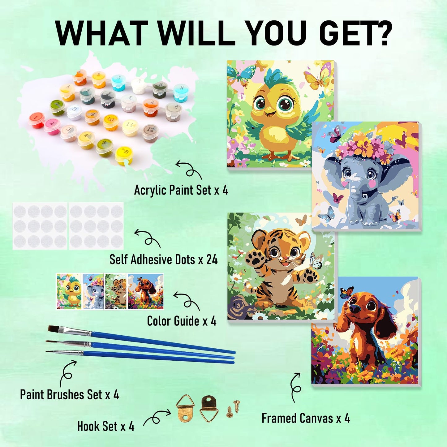 HEIBAGO Framed 4 Pack Paint by Number for Kids,Paint by Numbers for Beginners, Cute Animals Paint by Numbers kit for Kids, DIY A