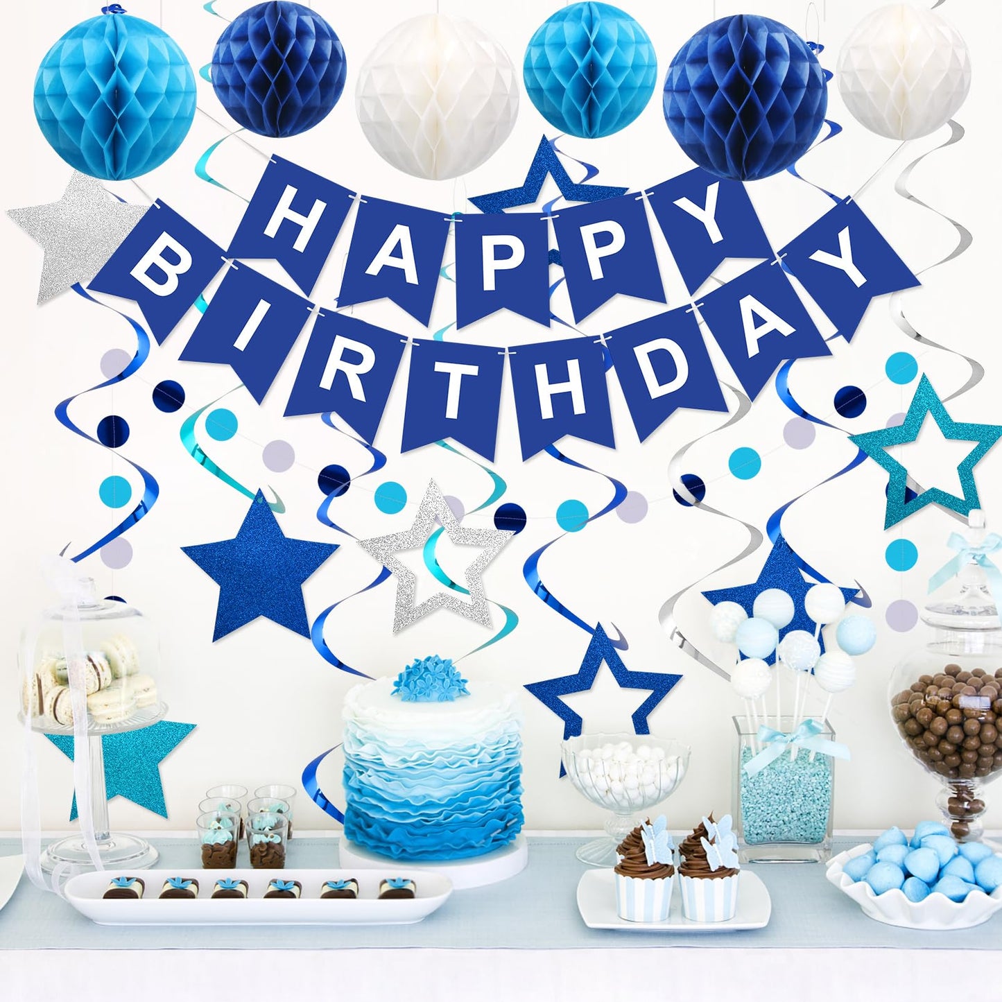 Meowtastic Birthday Decorations, Happy Birthday Banner With Honeycomb Balls, Stars Hanging Swirl Streamers, Circle Dots Garland, Happy Birthday Party Decorations For Women Men Boys Girls (Blue)
