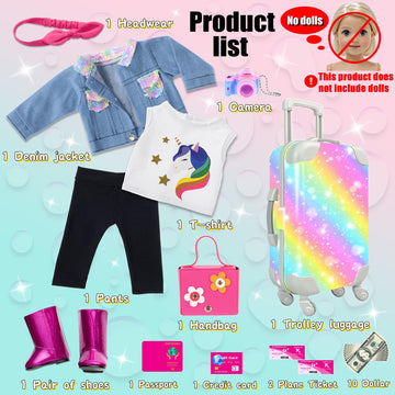 18 Inch Girl Doll Clothes And Accessories Case Luggage Travel Play Set Include Colorful Suitcase, Jeans Jacket, Top, Pants, Boots, Camera, Handbag ... (No Doll)