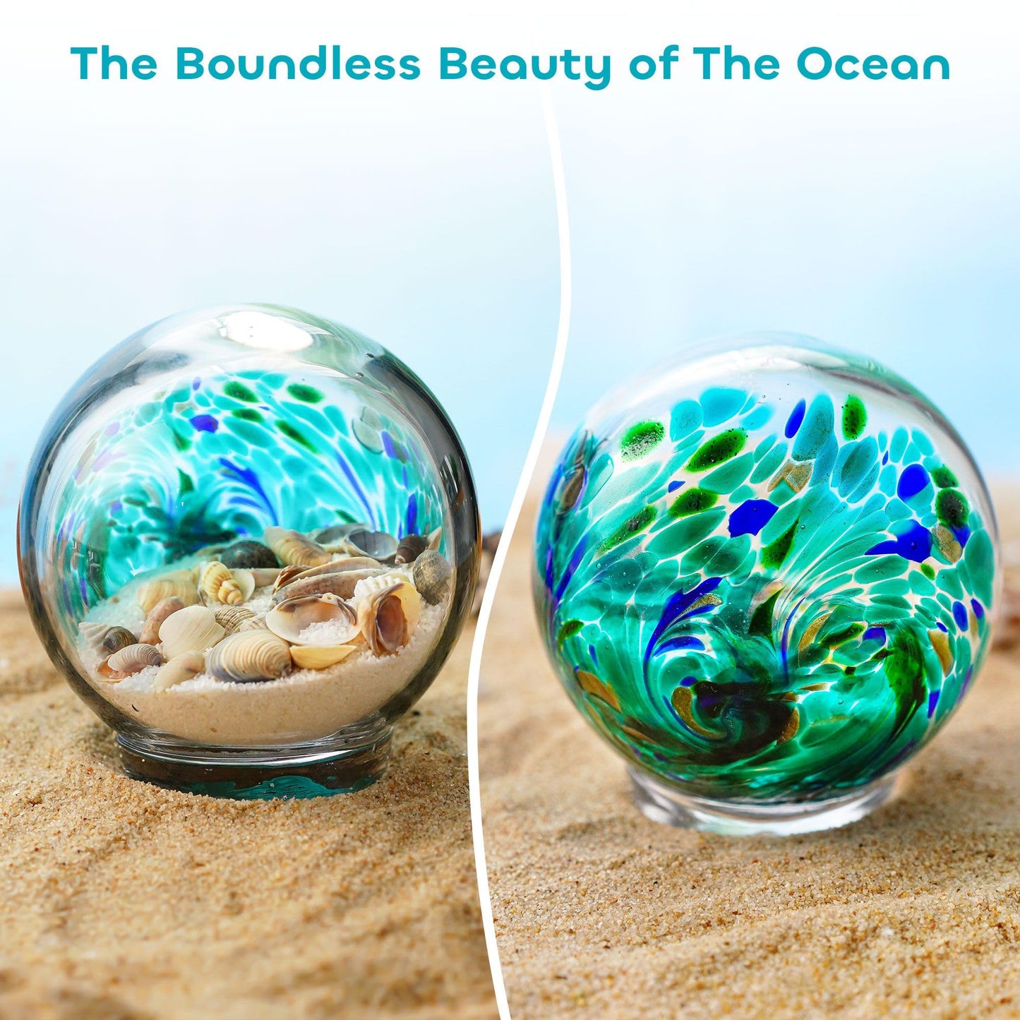 4'' Sea Globe Hand Blown Art Glass Decor Collectible Glass Decorative Balls With Natural Sea Shell And Sand, Lake Green