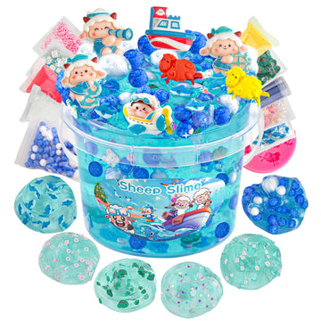Lawoho Sheep Clear Slime 300Ml, Blue Slime Kit For Girls Ages 8-12 With 11 Packs Slime Add-Ins, Slime For Kids Party Favors, Non Stick Clear Slime For Kids Birthday Halloween Christmas Easter Gifts