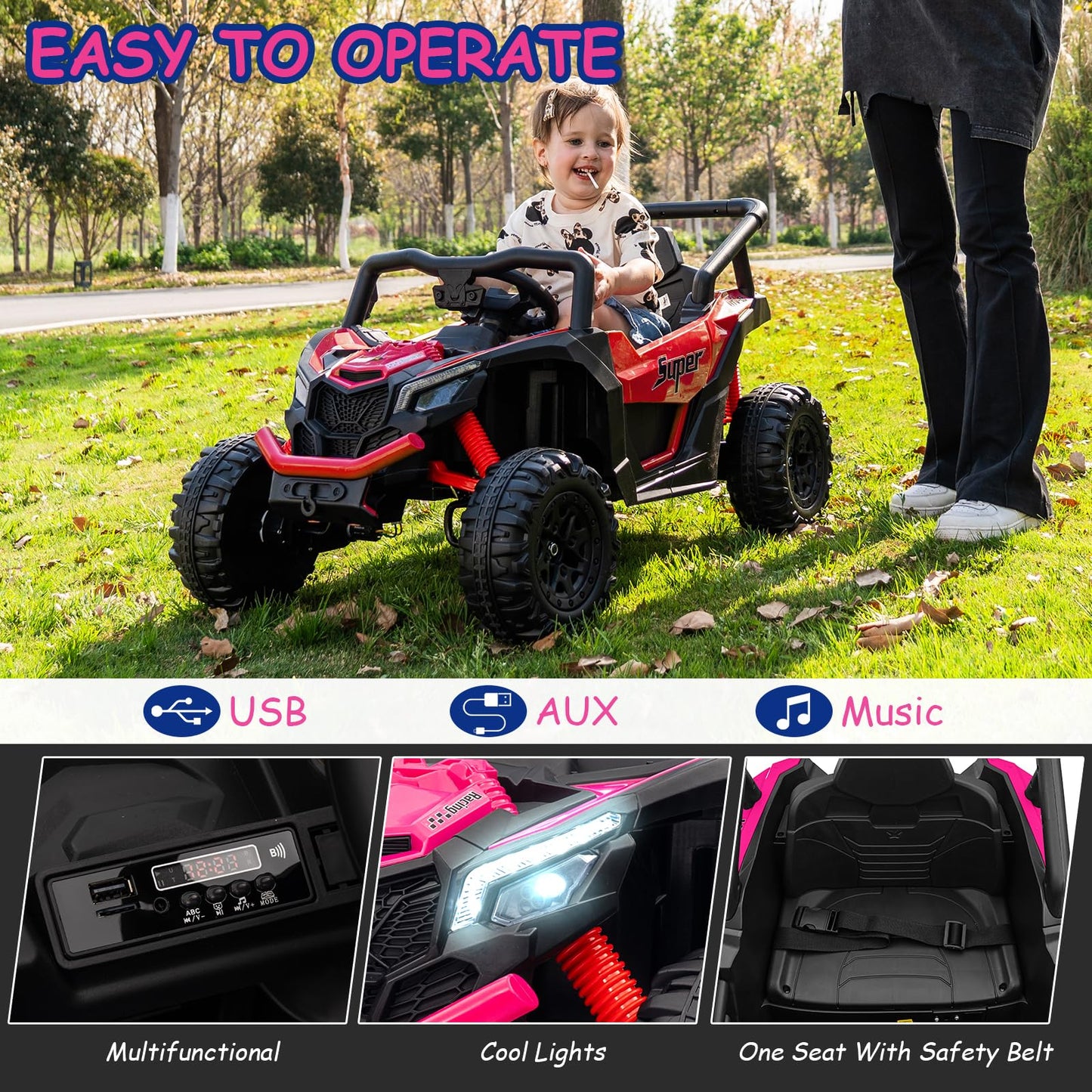 Run Fast 12v Ride on Car with Parent Remote Control Electric Ride on Toys Car for Kids 3-6 2WD 25W Motors 4 Spring Suspension Safety Belt Horn Music and LED Lights-RED