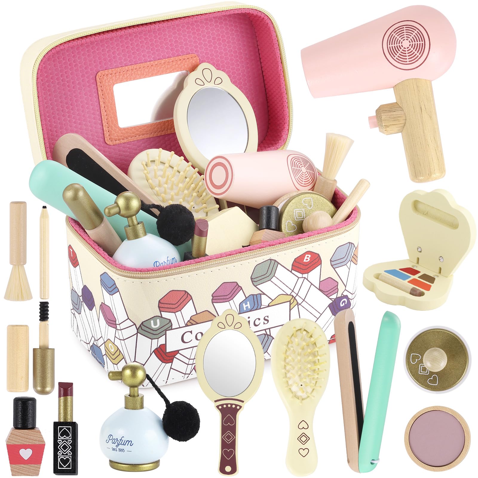 GAGAKU Wooden Makeup Toy Set Wood Hair Salon Playset Toddler Wooden Makeup Kit for Girls,Christmas Birthday Gift for 3 4 5 6 7 Y