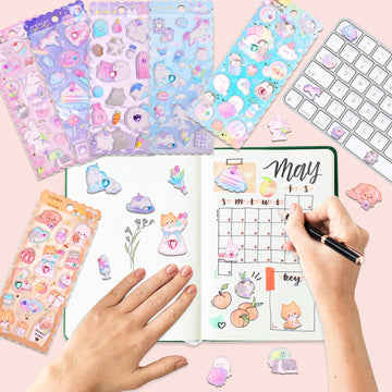 Shangrla Kawaii Puffy Stickers For Girls Kids,Cute 3D Textured Squishies Puffer Sticker Set For Notebook Stationary,Japanese Puff Large Stickers With Gem Embedded For Adults Teens,6 Sheets.