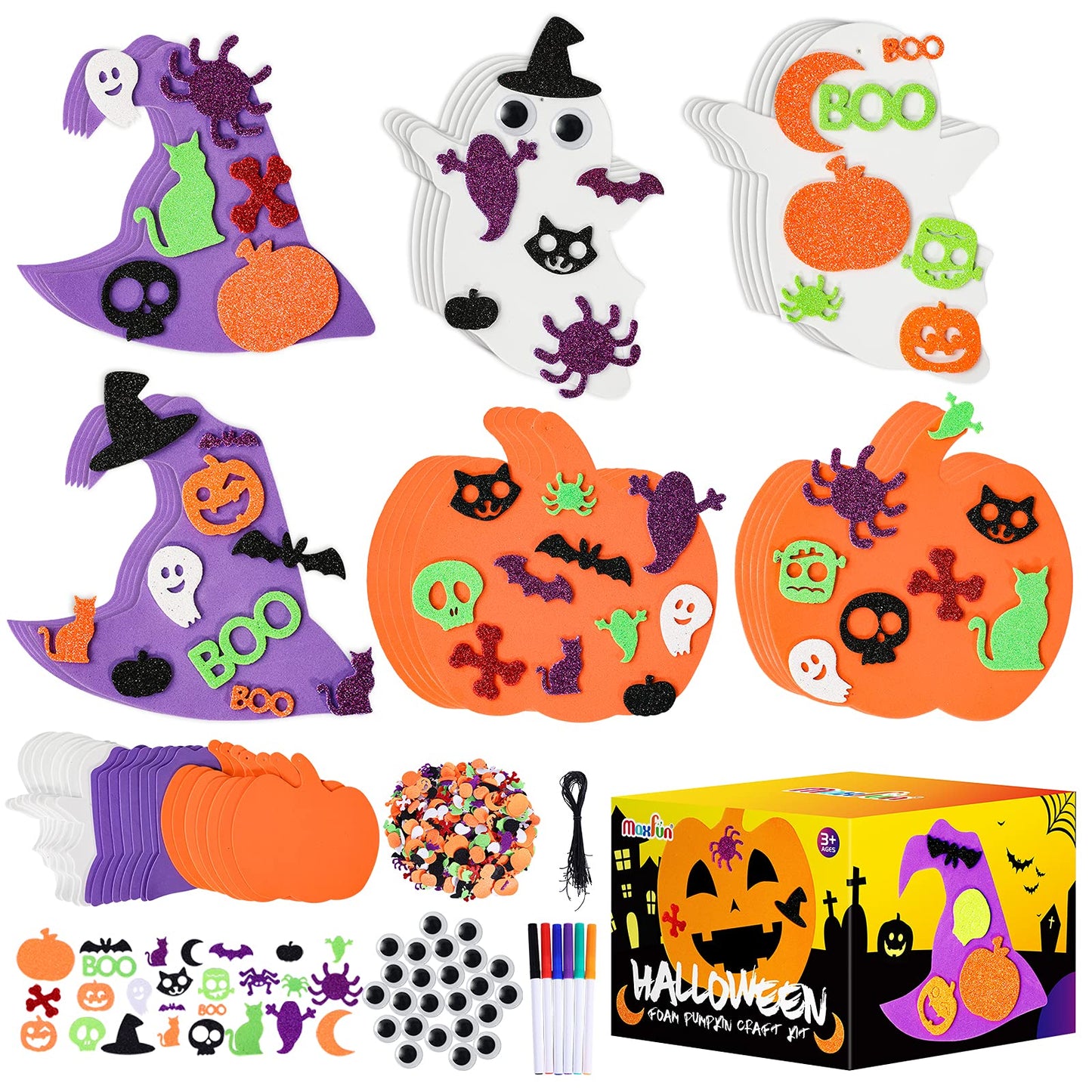 Max Fun 302Pcs Halloween Crafts For Kids Foam Pumpkins Stickers Bulk, Ghost Witch Hat Halloween Decorations For Kids Party Favors Supplies Halloween Activities