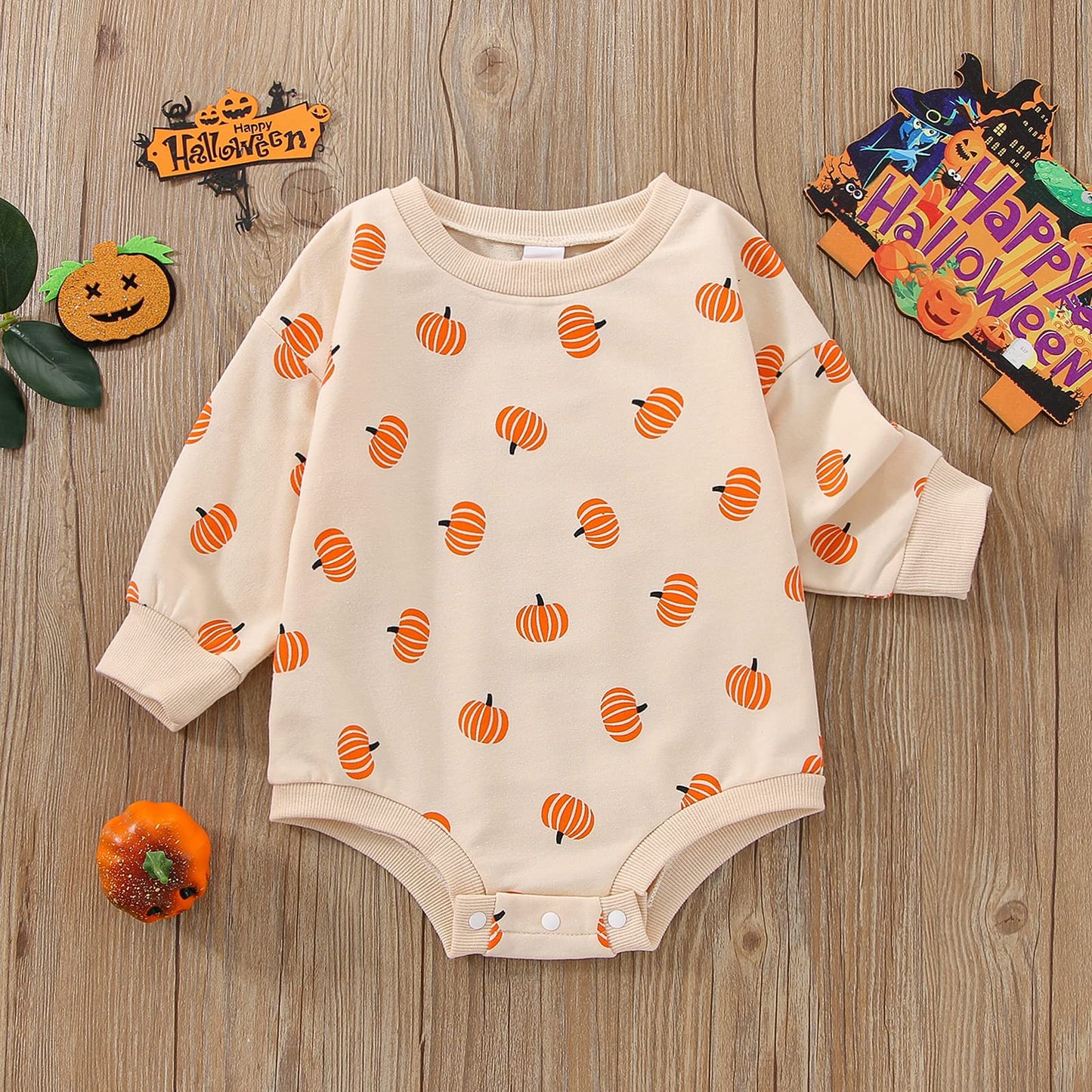 Fybitbo Halloween Baby Girl Boy Clothes Pumpkin Romper Sweatshirt Onesie Long Sleeve Bodysuit Top Fall Winter Outfit (Cute Pumpkin Onesie,6-12 Months)