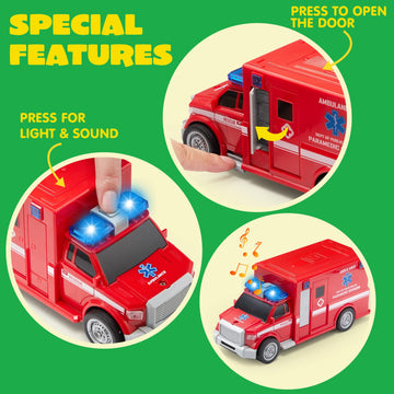 JOYIN 4 Pcs 7'' Long Vehicle Toy Set, Toddlers Cars with Lights and Siren Sound, Including Play Police Car, School Bus, Toy Garb
