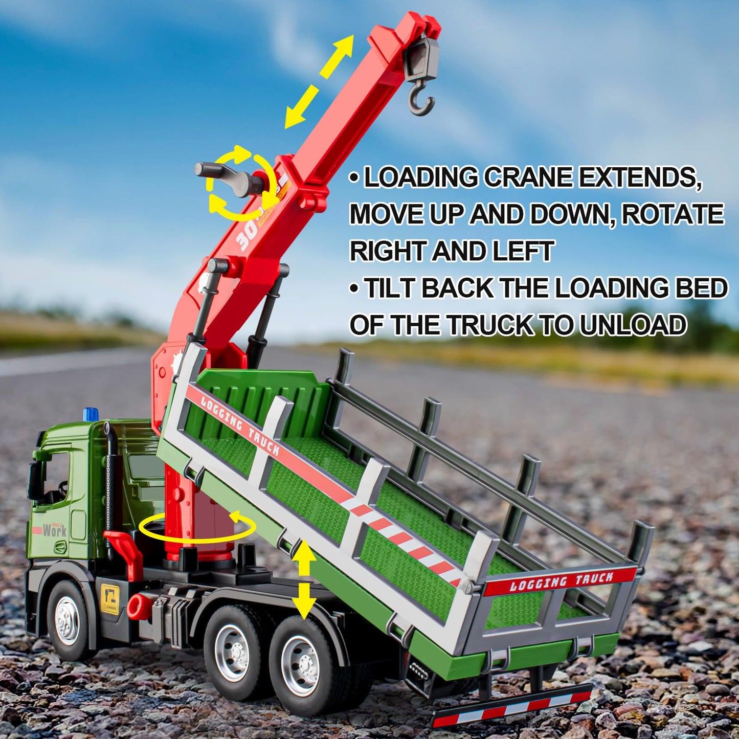 HAPYAD Timber Truck Toy Metal Cab, Friction Powered Timber Truck with Fully Functioning Loading Crane and 3 Loadable Trunks, Big