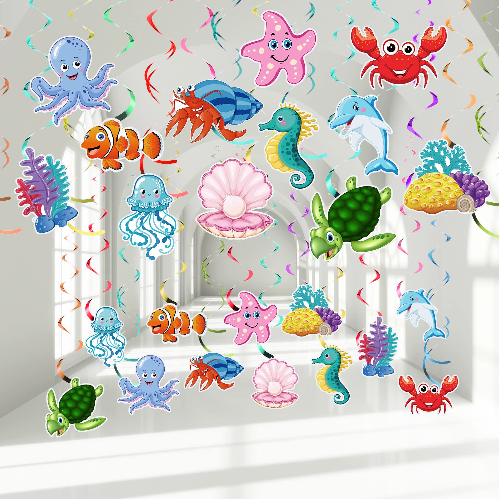 Dianelhall 30 Pieces Sea Animals Hanging Swirl Decorations Under the Sea Birthday Party Ceiling Decor for Boys Girls Ocean Merma