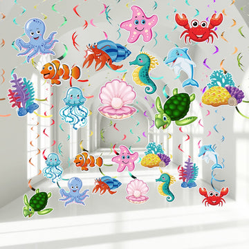 Dianelhall 30 Pieces Sea Animals Hanging Swirl Decorations Under the Sea Birthday Party Ceiling Decor for Boys Girls Ocean Merma