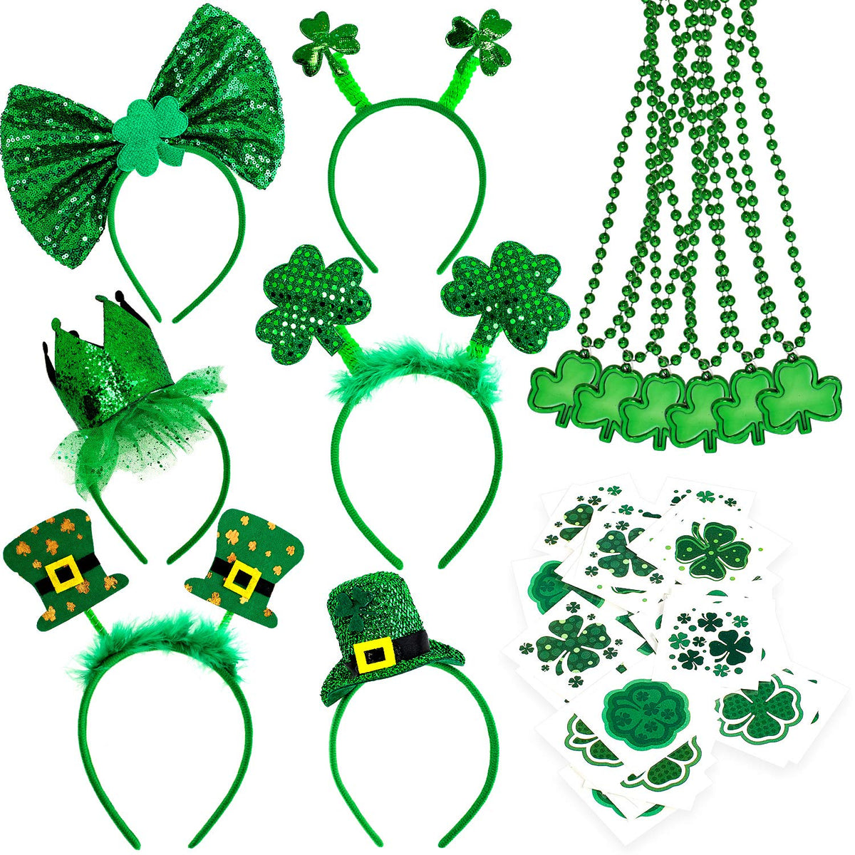 Whaline 84 Pcs St. PatrickS Day Party Favor Set With 6 Pcs St. Patrick Shamrock Headbands, 6 Pcs Clover Necklaces And 72Pcs Sha
