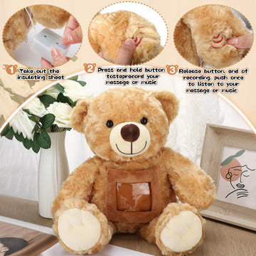 Leyndo Bear With Voice Recording Remembrance Stuffed Animal With Picture Recordable Messages Memorial Toy For Baby Shower Birthday Gift, Recording Gifts(Brown, 18 Inch)