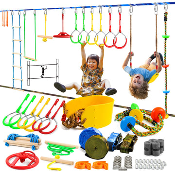 Ninja Warrior Obstacle Course For Kids-Ninja Slackline With Multiple Accessories For Kids,Contain Swings,Rope Ladders,Rings,Ninj