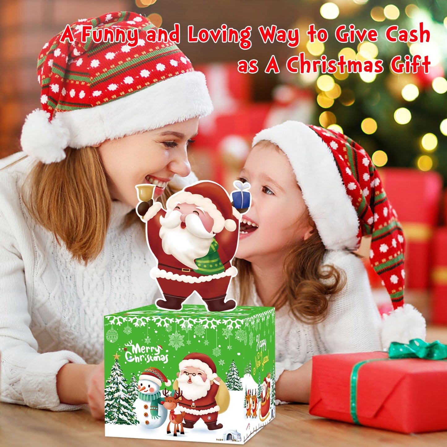 Meiidoshine Green Christmas Money Boxes For Cash Gift Pull, Surprise Money Holder Cash Gift For Kids Adults, Diy Fun Cash Box For Women Men Girls Boys Mom Dad Friends, Include 100Pcs Transparent Bags