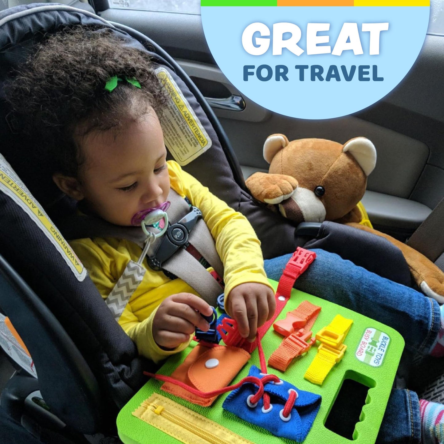Buckle Toys Busy Board - Montessori Foam Sensory Toy for Toddlers - Green, Medium - Develop Fine Motor Skills