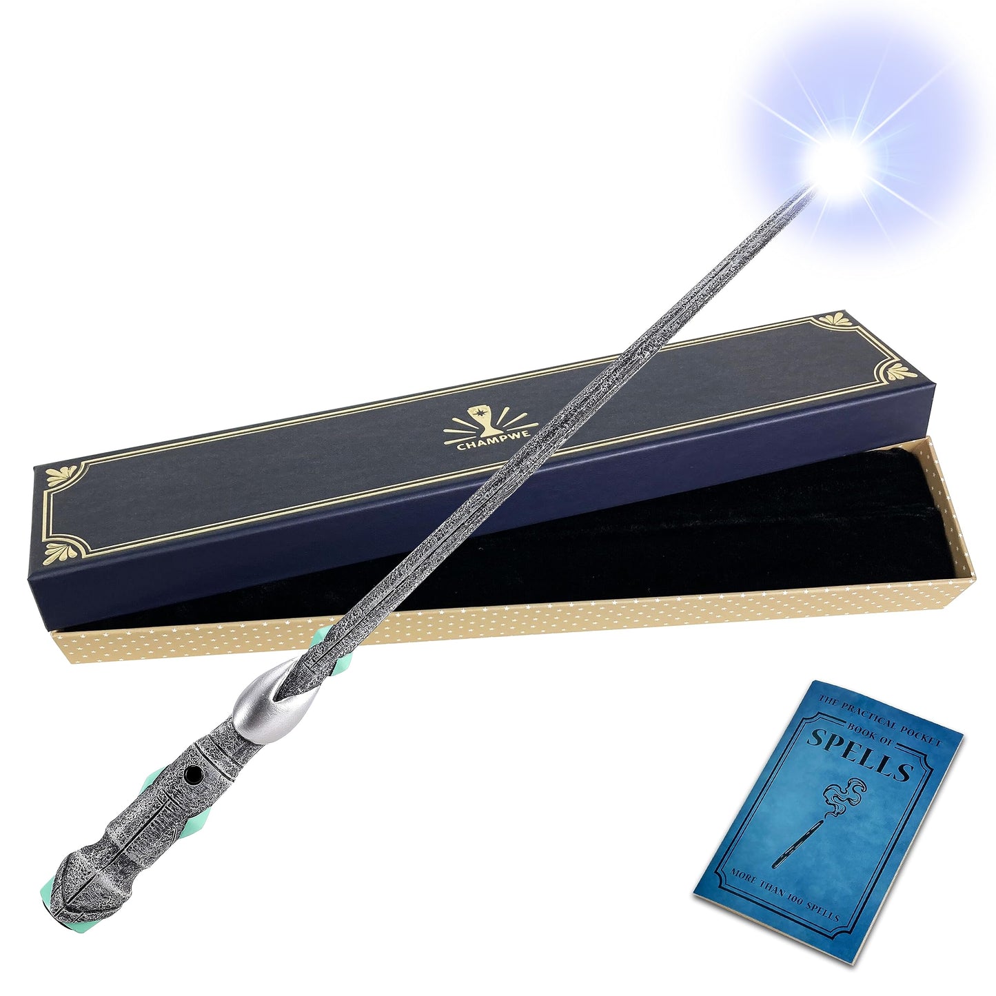 ChampWe Light Up Magic Wizard Wand Rechargeable Illuminating Toy for Kids Witch Collection Cosplay Accessories with Spellbook and Gift Box (cutting edge)