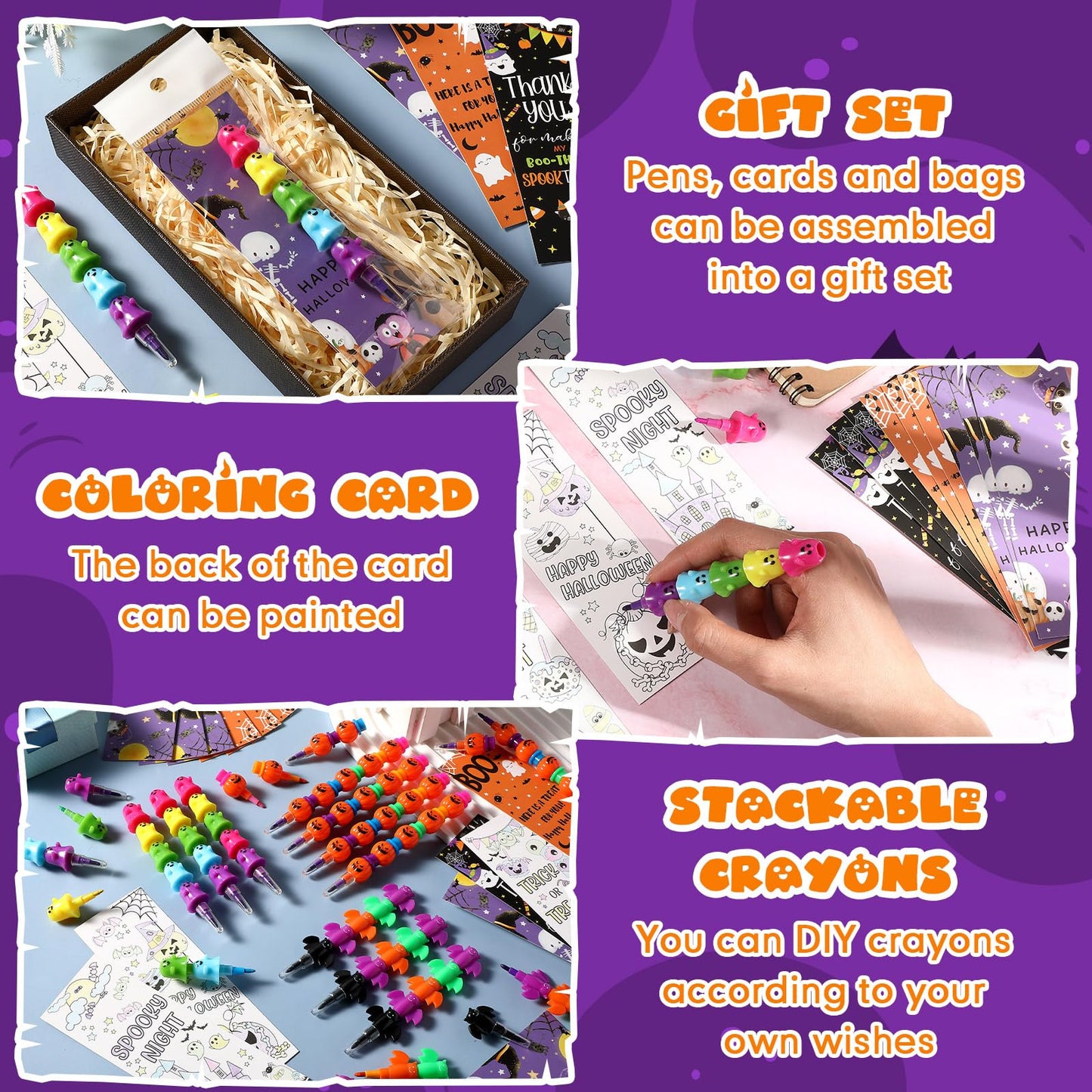 MotiMind 48 Set Halloween Crayons Party Favors Bat Pumpkin Ghost Stackable Crayons with Drawable Cards Kids Halloween Party Gift