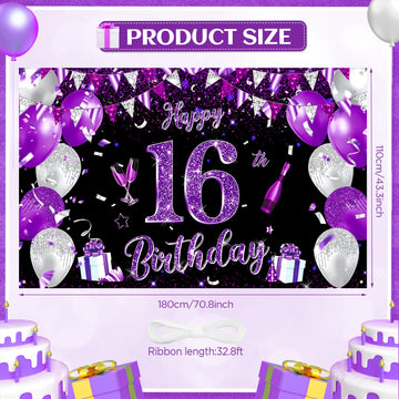 Purple 16Th Birthday Decoration Banner For Girls Large Black Purple Silver Happy 16Th Birthday Banner Purple And Black 16Th Background For 16Th Birthday Anniversary Party Supplies