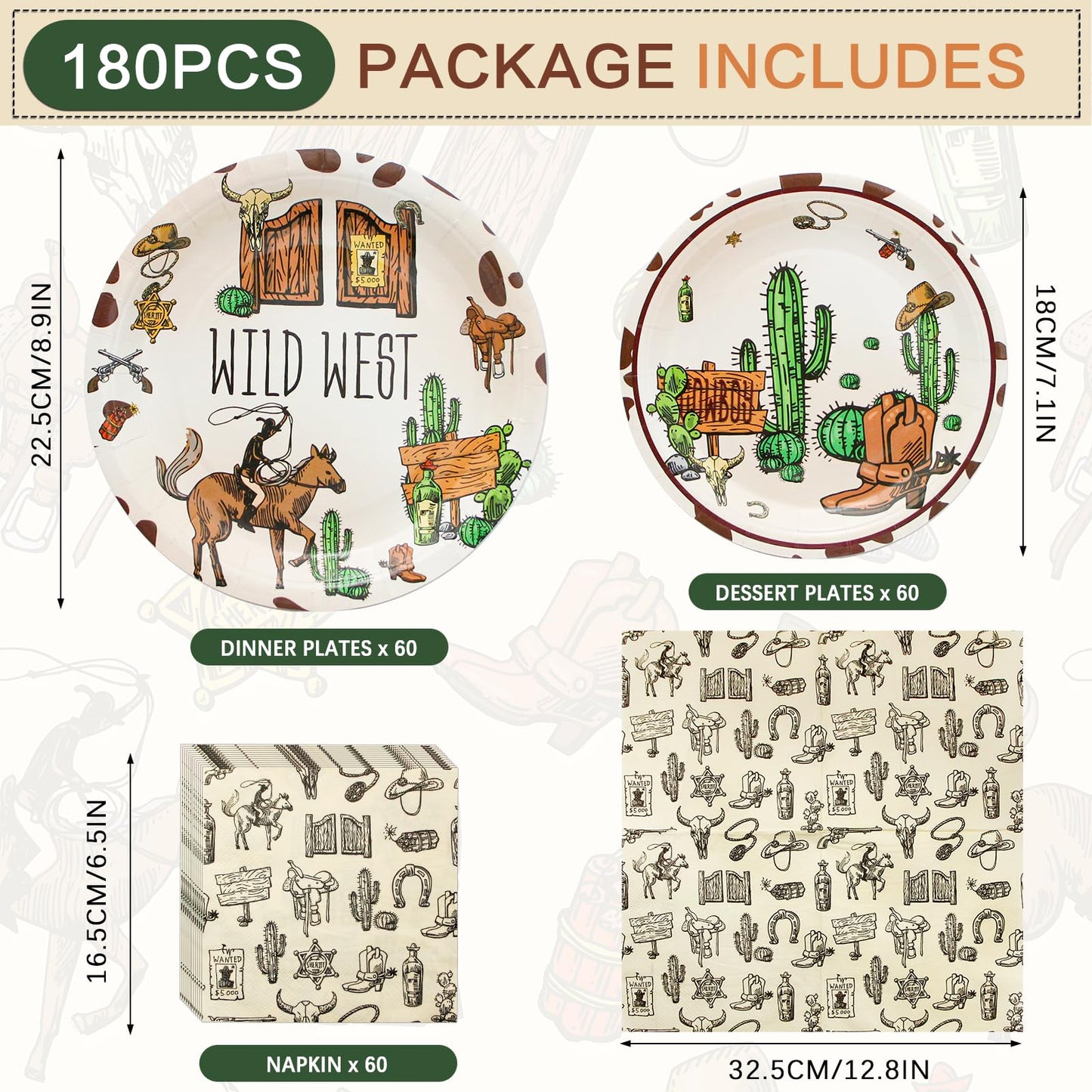 180PCS Cowboy Party Supplies Serve 60,Western Cowboy Birthday Paper Plates and Napkins Kit for Rodeo Birthday Baby Shower Party