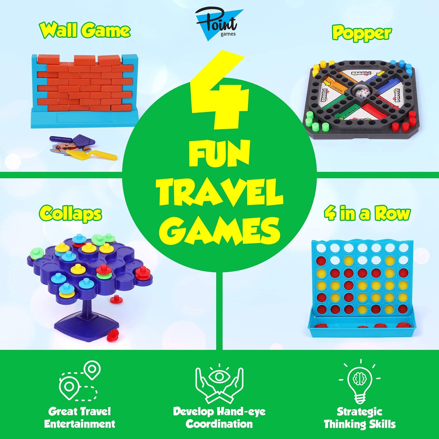 Point Games 4-in-1 Travel Games Set - Fun Airplane & Road Trip Essentials for Kids, Easy Storage, Critical Thinking & Brain Development
