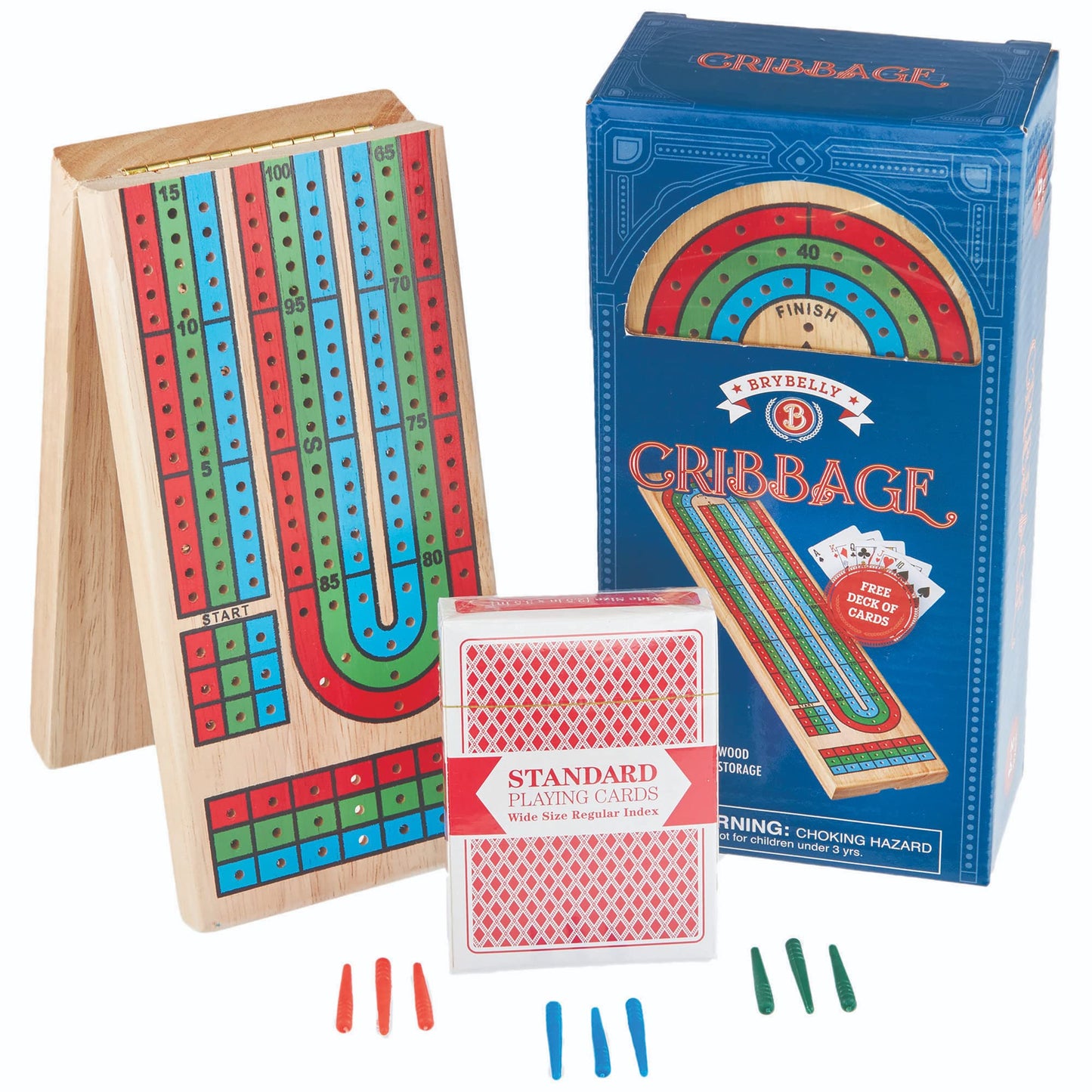 Brybelly Cribbage Board Game Set - Traditional Wooden Board Game, Classic 3-Track Layout, Plastic Pegs - Standard Deck of Playin