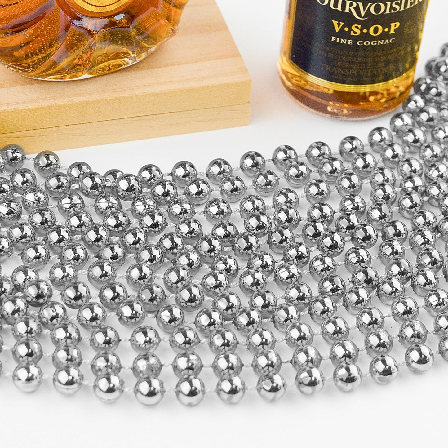 ZZYFGH 33'' 7mm Metallic Silver Bead Necklace Bulk, Mardi Gras Round Beaded Necklaces for Party Favors Costume Necklace (12 Pcs)