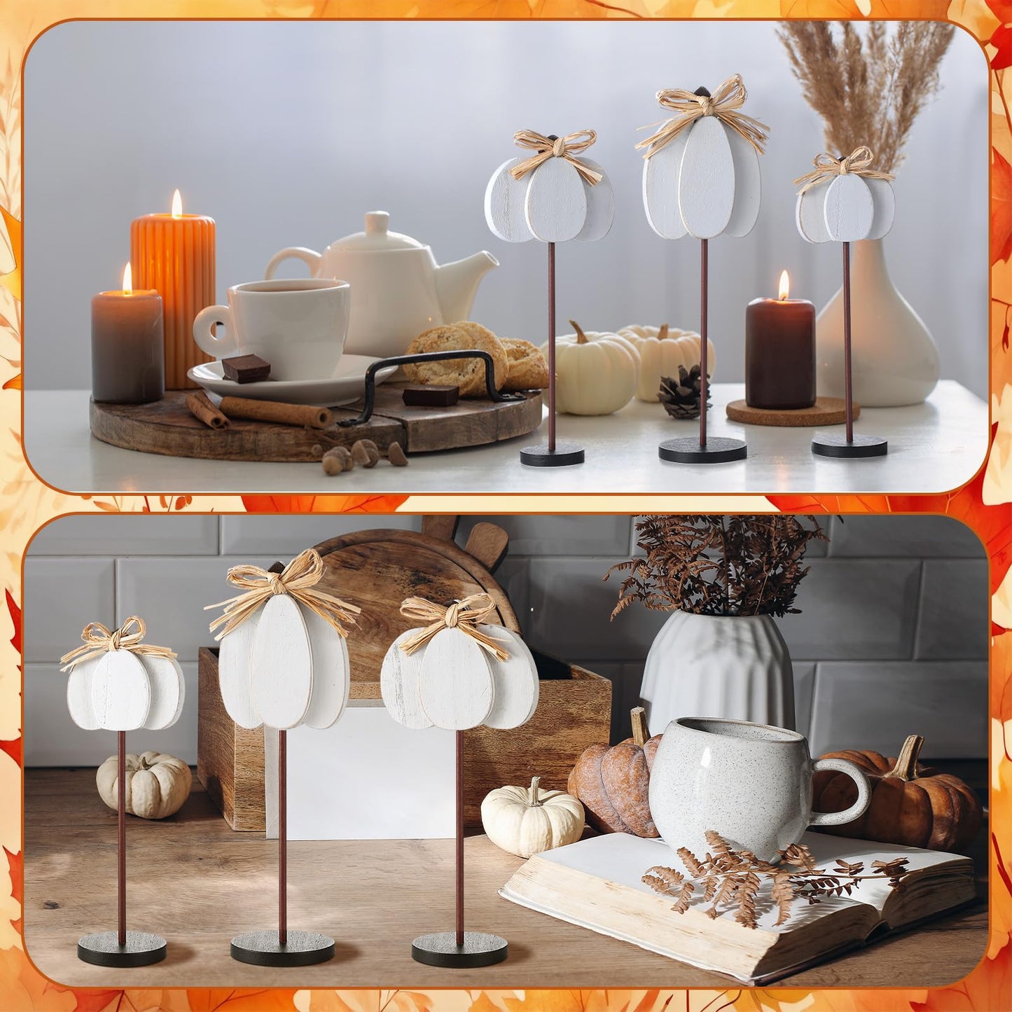 Thyle 3 Pcs Thanksgiving Pumpkin Table Centerpieces Wood Harvest Table Decorations for Home Standing Block Tall Sign with Bow fo