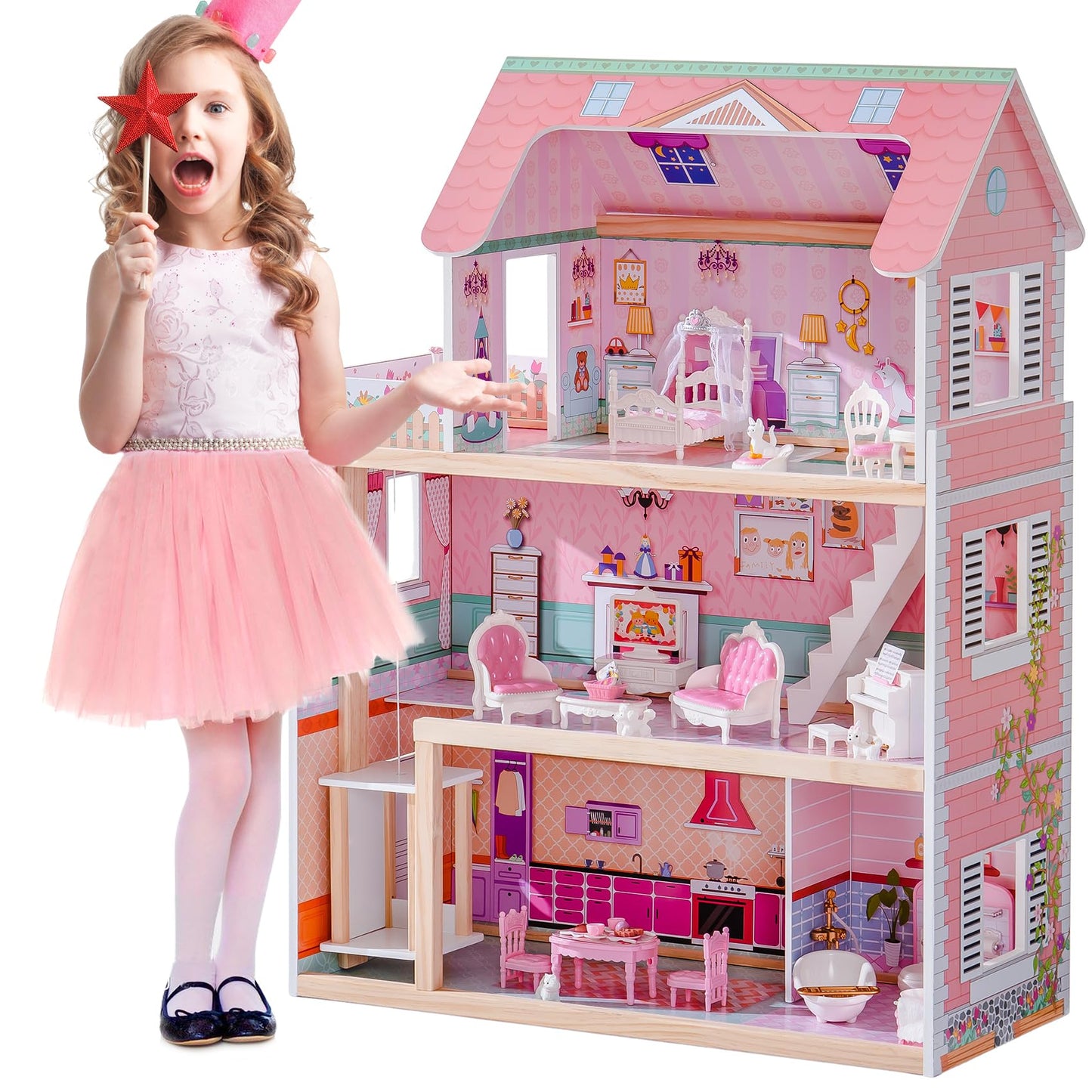 ROBOTIME Wooden Dollhouse, Doll Houses Playset with 24 Pcs Furniture for 4, 5, 6-Inch Dolls, Dollhouse Gift for 3+ Year Old Girl