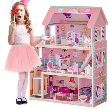 ROBOTIME Wooden Dollhouse, Doll Houses Playset with 24 Pcs Furniture for 4, 5, 6-Inch Dolls, Dollhouse Gift for 3+ Year Old Girl