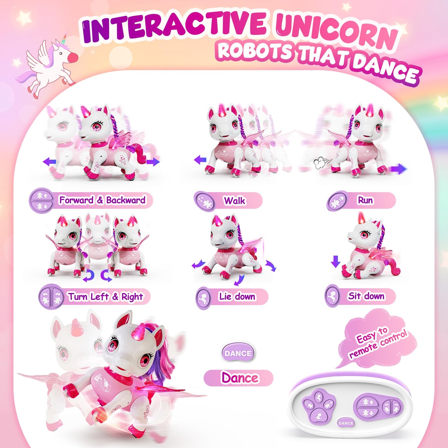 Beefunni Unicorn Robot Toys For Girls, Birthday Gifts For Kids And Toddlers 3 4 5 6 7 8 Years Old, With Led Horn,Led Wings,Remote Control,Voice,Dancing Robot Rechargeable (Pink)