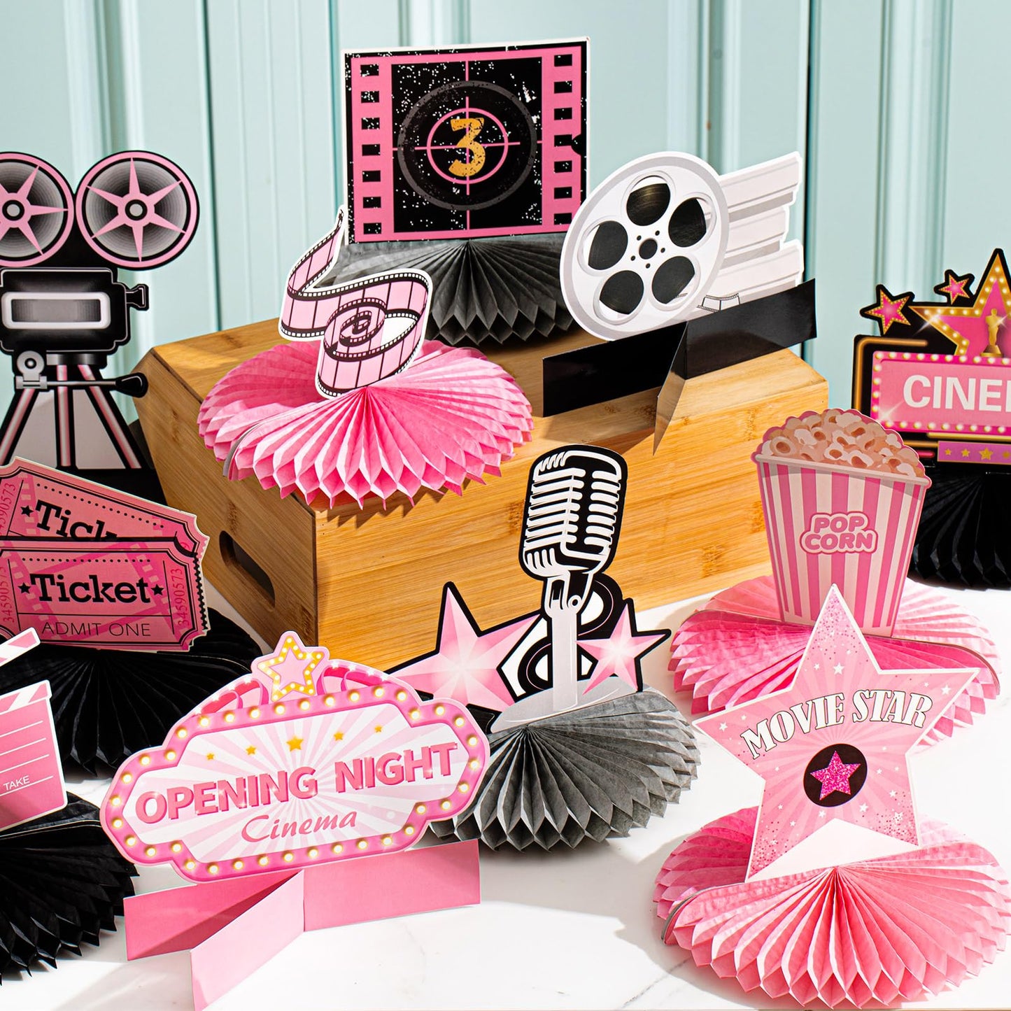 Chinco 12 Pcs Movie Honeycomb Centerpiece Movie Night Party Decoration Microphone Ticket Star Video Paper Centerpiece Sign Movie