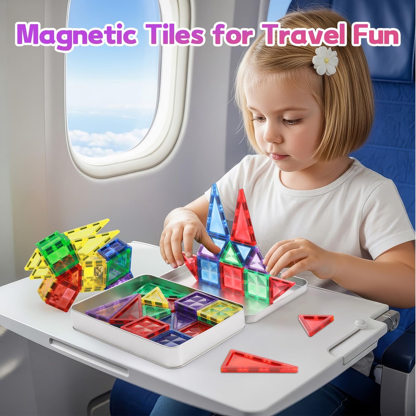 50Pcs Small & Strong Magnetic Tiles Travel Set,Magnet Building Blocks With Metal Case, Montessori Stem Toy For Kids Ages 3+, Por