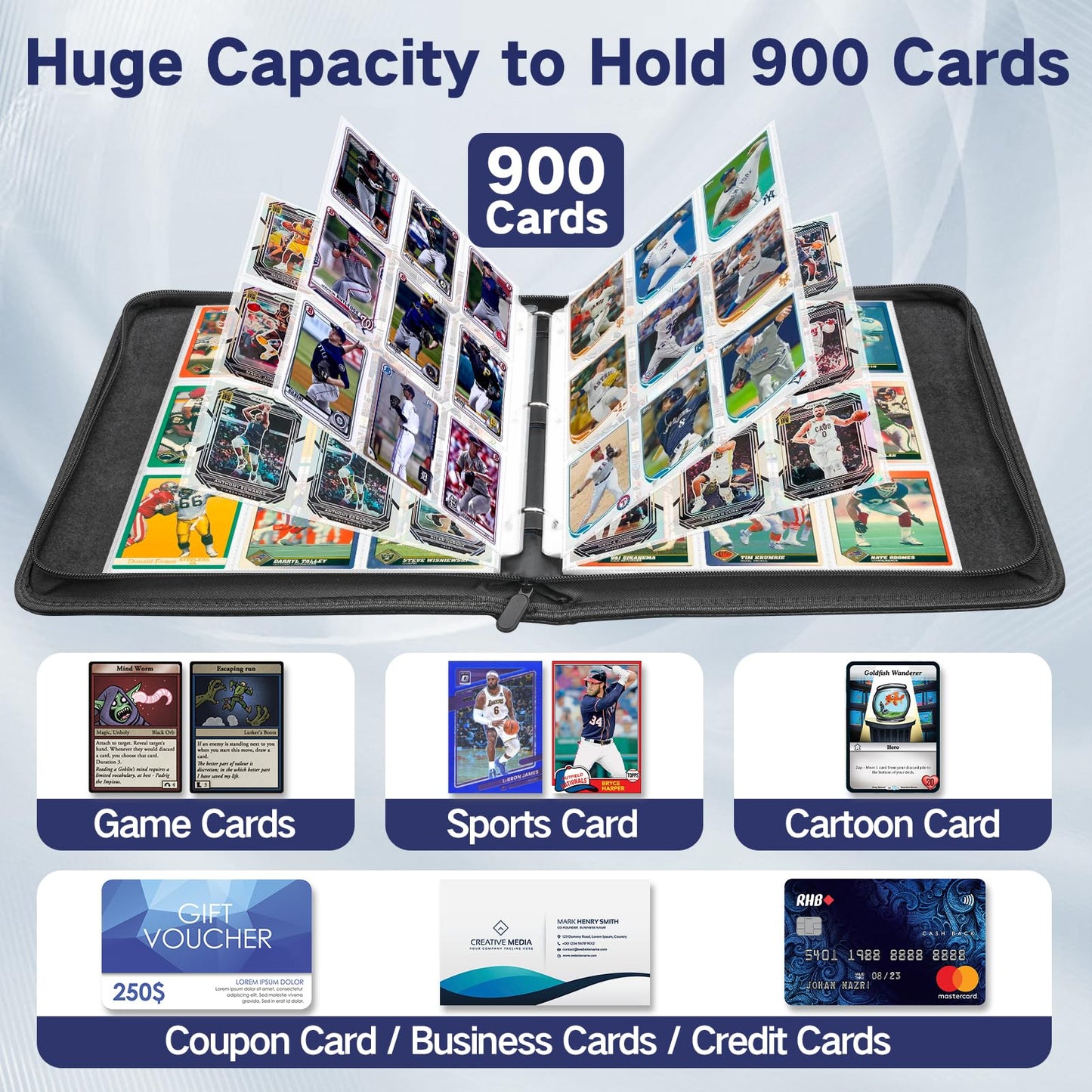Card Binder 9 Pocket  900 Pockets Trading Card Holder Compatible with Game Cards  Baseball Card  Football Card enhanced Zipper Case Album Book Storage Gift for Boy and Girls  Large  Black