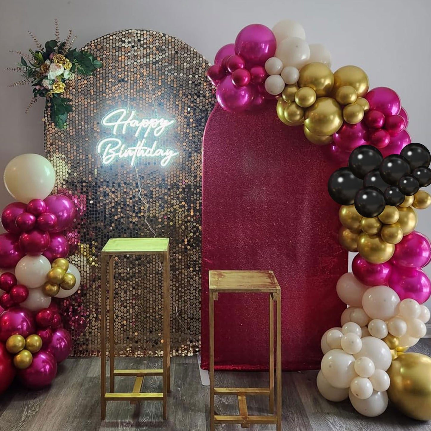 Balloon Arch Garland Kit, Double Stuffed Metallic Chrome Hot Pink And Gold Black White Sand Fuchsia Latex Party Balloons For Gir