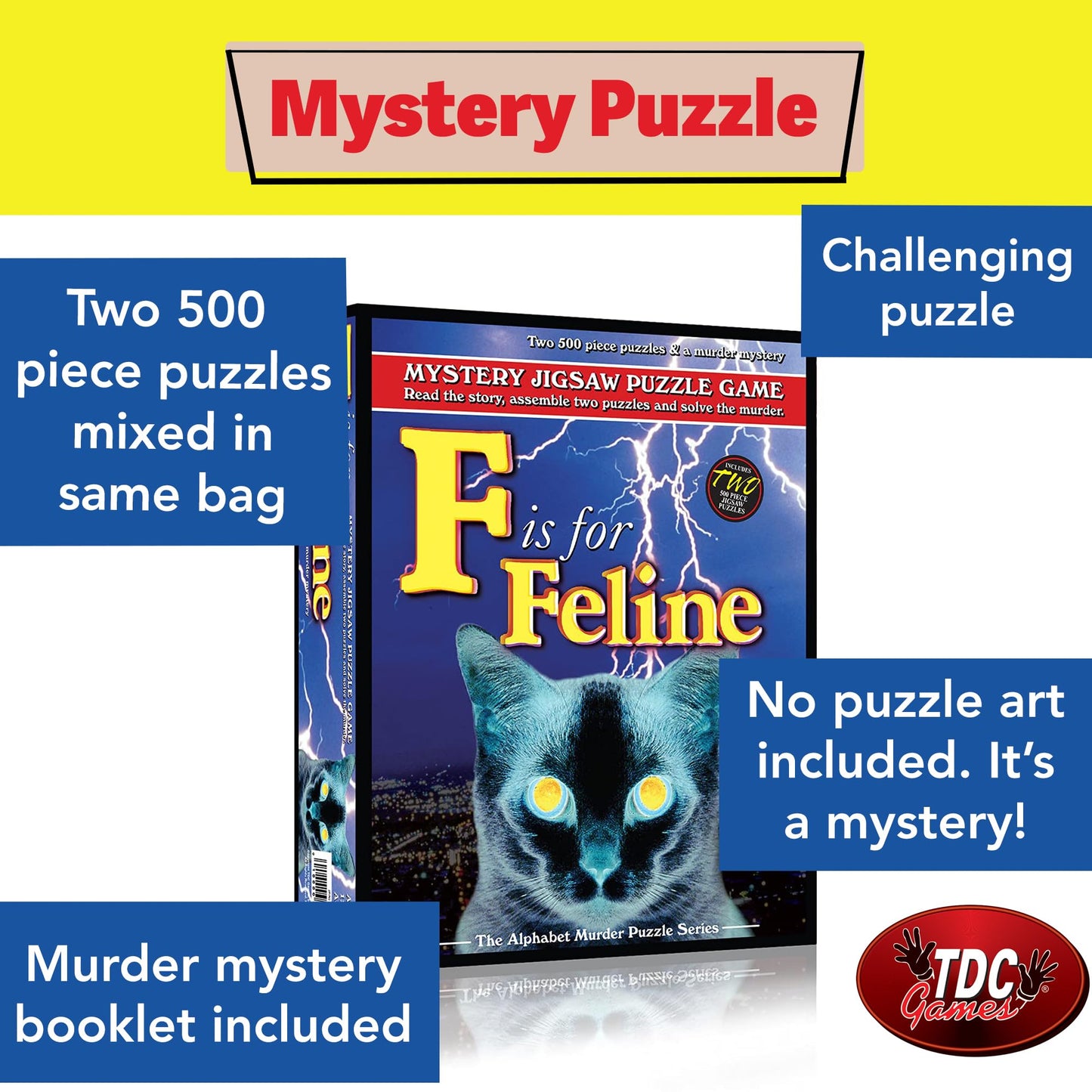TDC Games F is for Feline - Alphabet Mystery Puzzle, 500 Pieces, Cardboard, Multicolor, Model 7107