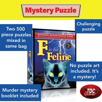 TDC Games F is for Feline - Alphabet Mystery Puzzle, 500 Pieces, Cardboard, Multicolor, Model 7107