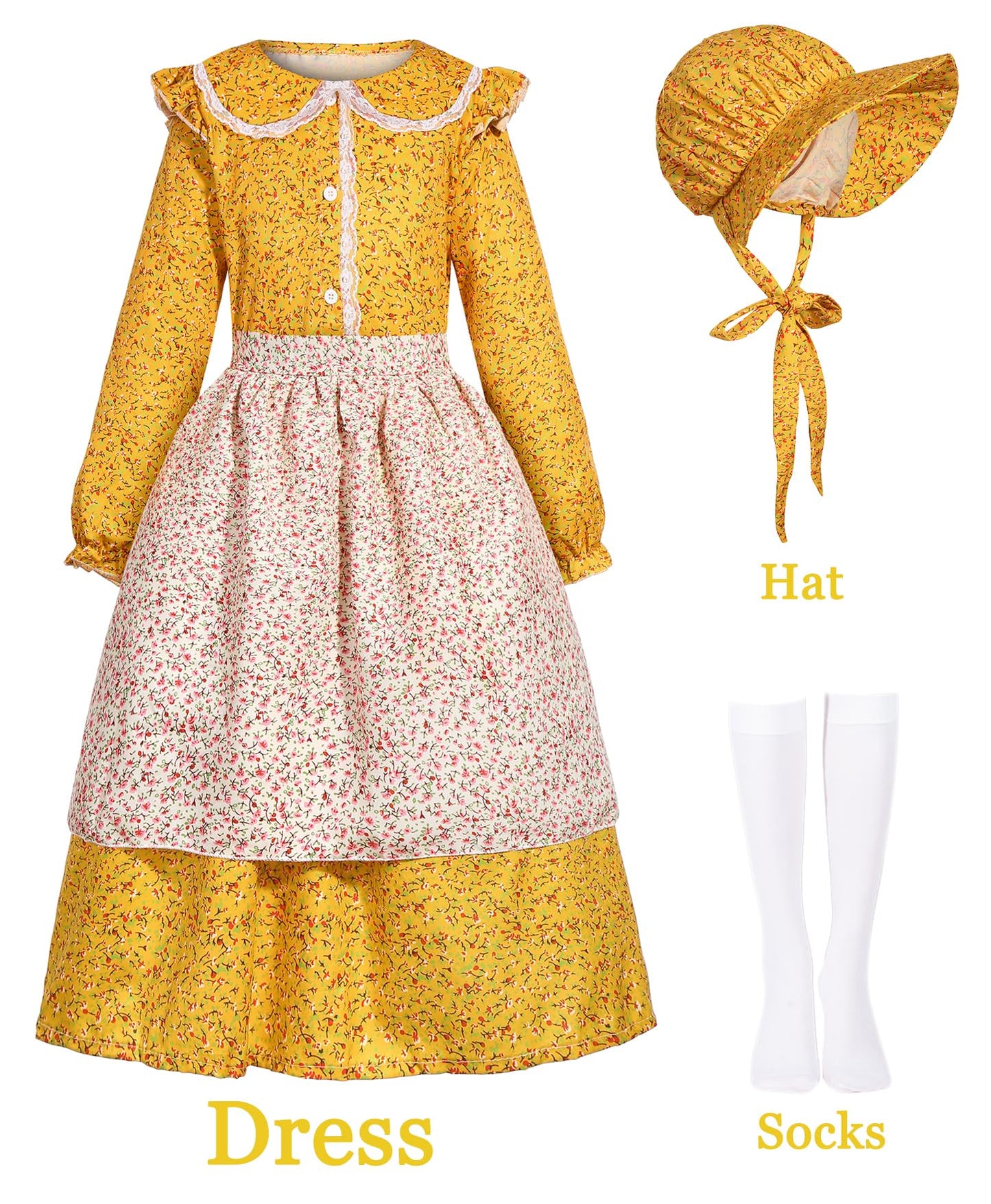 Pioneer Girl Costume Colonial Dress Kids Prairie Floral Village Girl Costumes Yellow Pilgrim Maid Farmer Outfit With Bonnet Apro